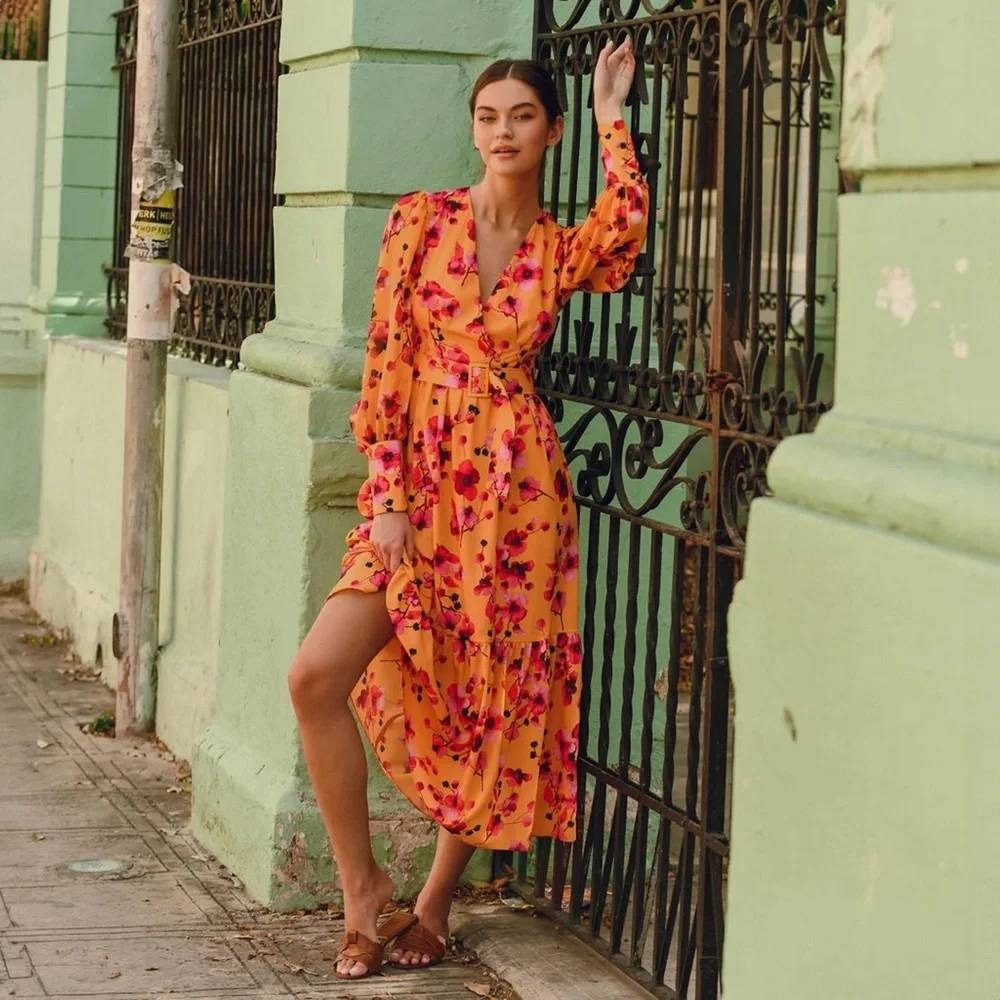 Hutch Orange Pink Floral Lera Maxi Dress Belted Tiered Puff Sleeve Size 2